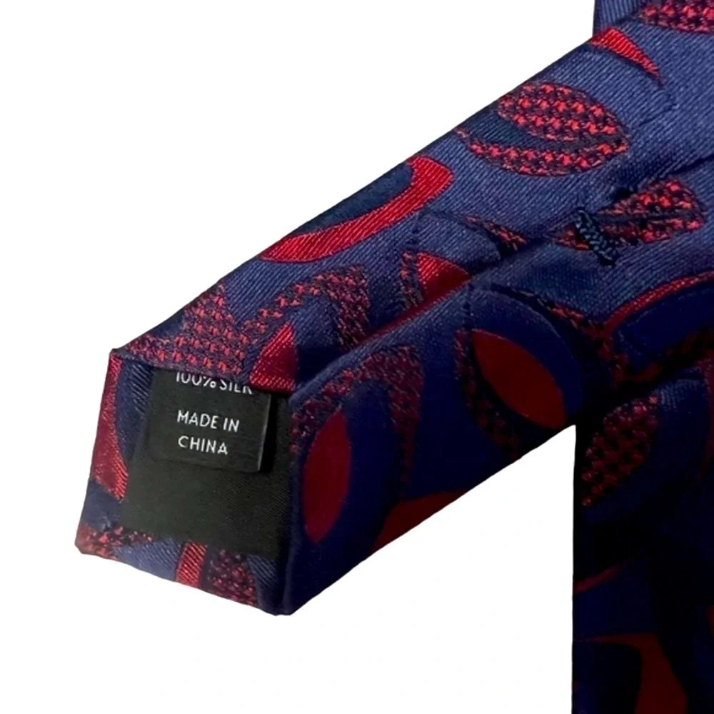 PAUL FREDRICK blue & red silk modern geometric print skinny tie